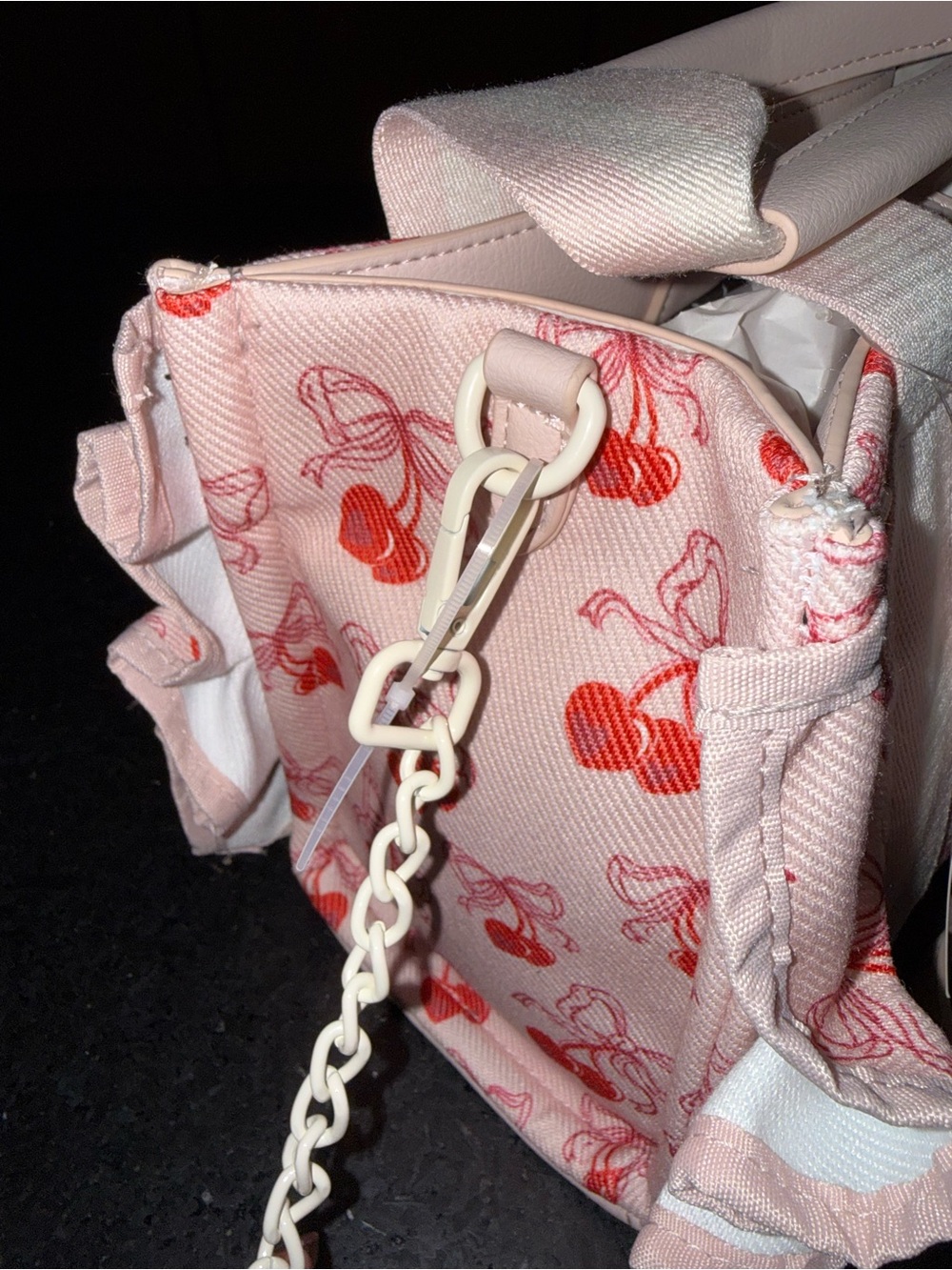NEW LUV BETSEY JOHNSON Pink Red Cherry RUFFLE TOP HANDLE crossbody pompom Bag - Picture 5 of 16